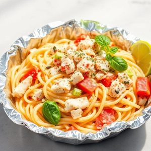 Spaghetti mixed with diced chicken and tomatoes in a foil tray, garnished with basil and a lime wedge on the side.
