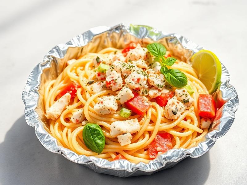 Spaghetti mixed with diced chicken and tomatoes in a foil tray, garnished with basil and a lime wedge on the side.