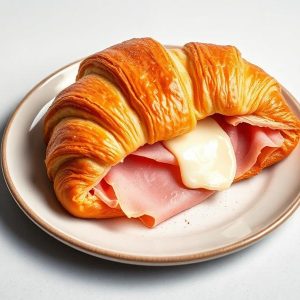 Croissant filled with ham and melted cheese on a white plate.