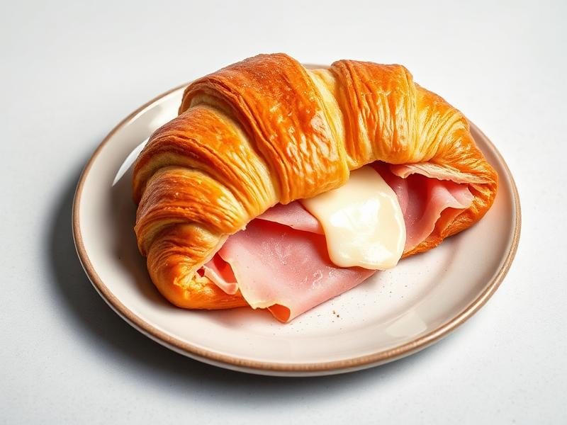 Croissant filled with ham and melted cheese on a white plate.