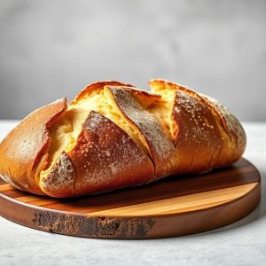 Crusty braided loaf of bread on a round wooden board, lightly dusted with flour, with sliced creases showing the soft interior.