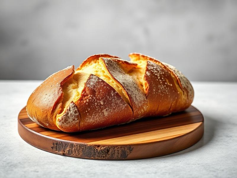 Crusty braided loaf of bread on a round wooden board, lightly dusted with flour, with sliced creases showing the soft interior.