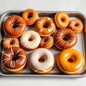 Assorted glazed donuts on a metal baking tray, featuring chocolate, white, and orange frostings with sprinkles and drizzle.