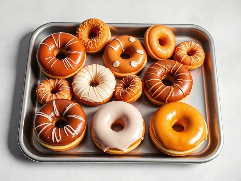 Assorted glazed donuts on a metal baking tray, featuring chocolate, white, and orange frostings with sprinkles and drizzle.