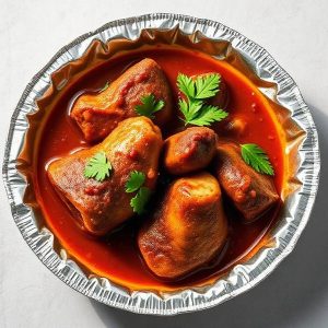 Meatballs in tomato sauce with parsley garnish in a disposable aluminum dish.