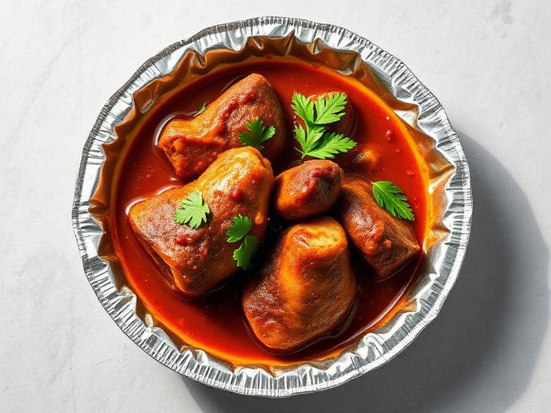 Meatballs in tomato sauce with parsley garnish in a disposable aluminum dish.