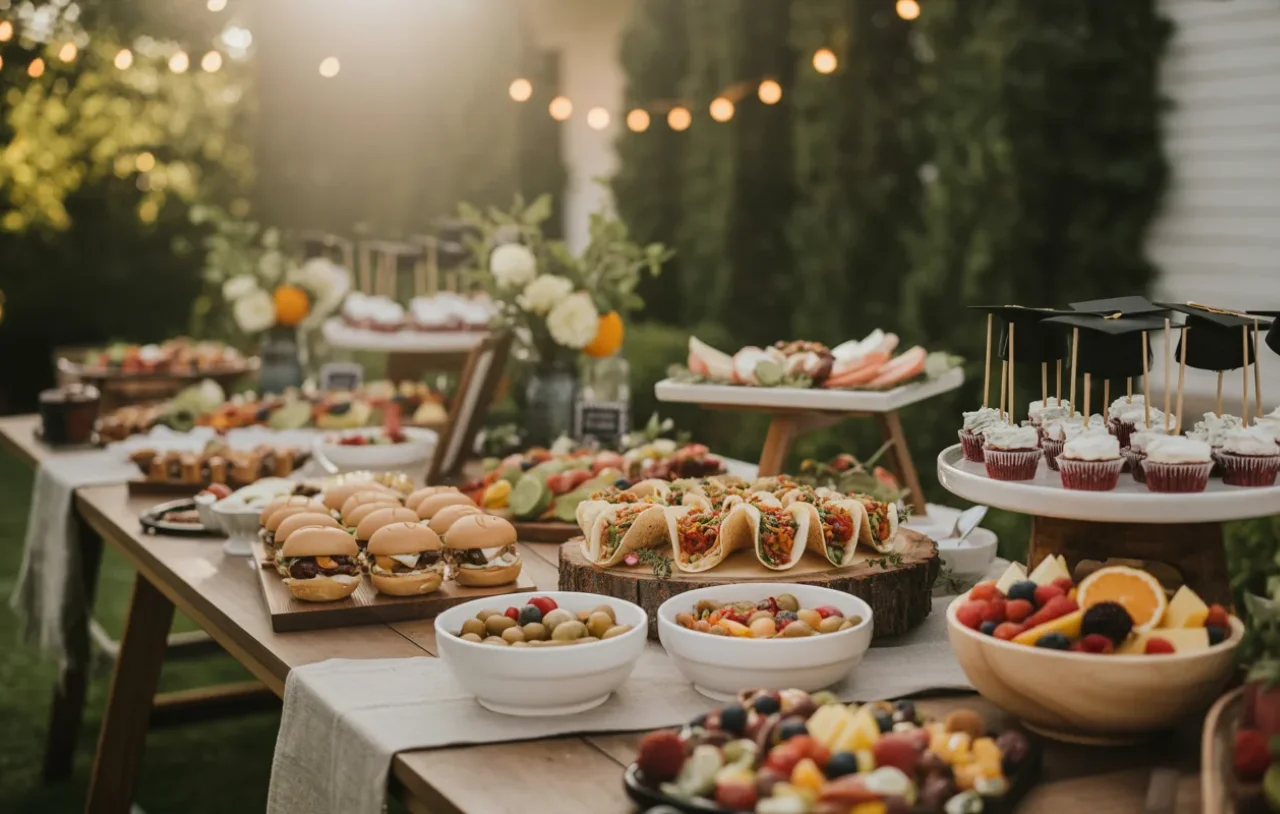 Outdoor buffet table with sliders, tacos, fruit, cupcakes and bowls of olives at sunset.