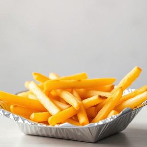 Golden French fries piled in a crinkled foil tray on a light surface, ready to eat.