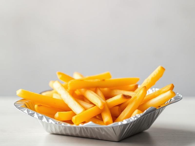 Golden French fries piled in a crinkled foil tray on a light surface, ready to eat.