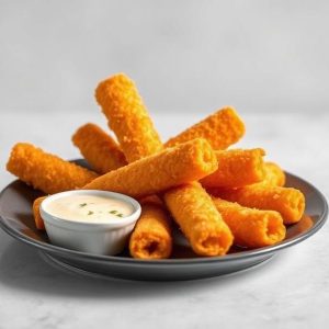 Plate of crispy fried mozzarella sticks with a small cup of creamy dipping sauce on the side.
