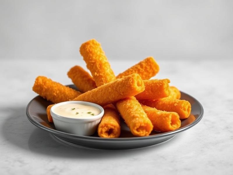Plate of crispy fried mozzarella sticks with a small cup of creamy dipping sauce on the side.