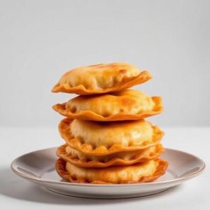 Stack of golden fried empanadas arranged on a white plate against a light background, ready to serve.