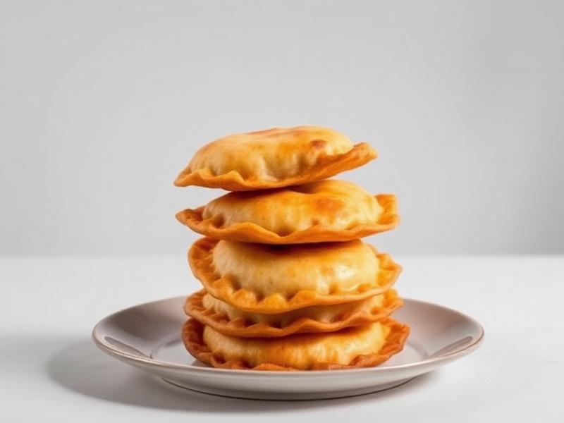 Stack of golden fried empanadas arranged on a white plate against a light background, ready to serve.