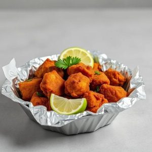 Pile of crispy fried chicken nuggets in a foil tray with lemon wedges and parsley pieces.