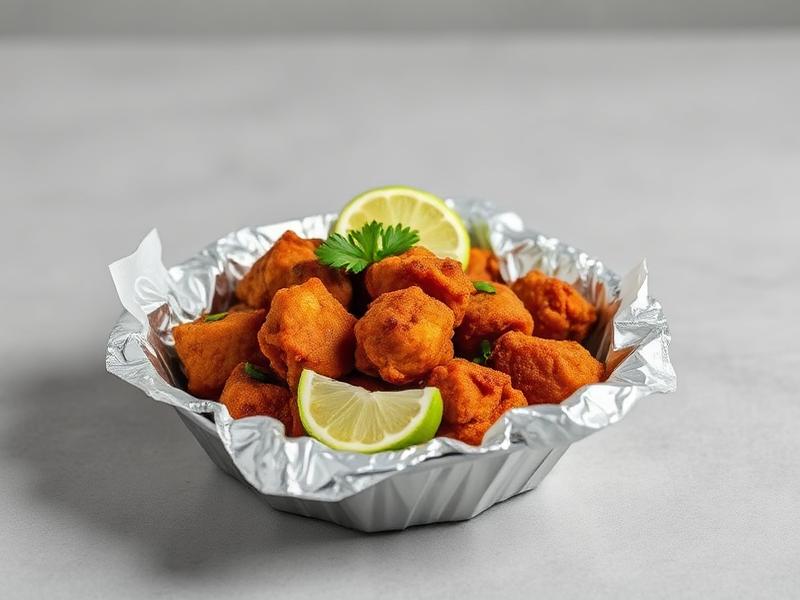 Pile of crispy fried chicken nuggets in a foil tray with lemon wedges and parsley pieces.