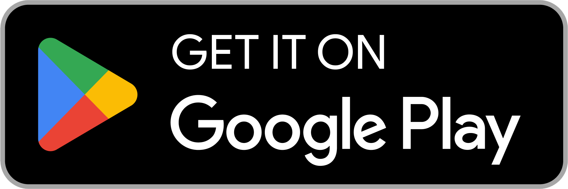 google Google Play badge with colorful triangle icon and text: Get it on Google Play on a black rounded rectangle background.