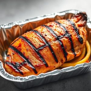 Grilled chicken breast glazed with barbecue sauce in a foil tray.