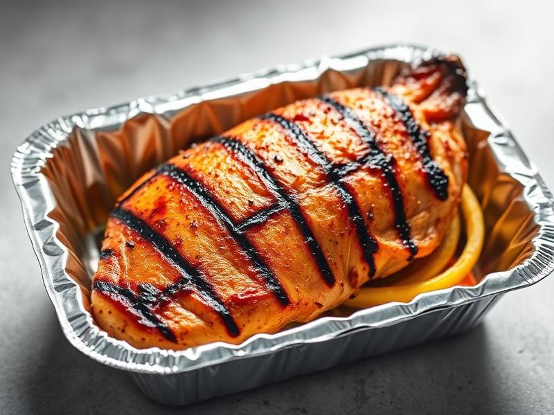Grilled chicken breast glazed with barbecue sauce in a foil tray.