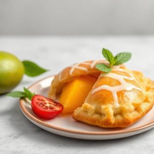 Two peach-filled pastries on a plate with peach slices and a mint garnish, a lime in the background.