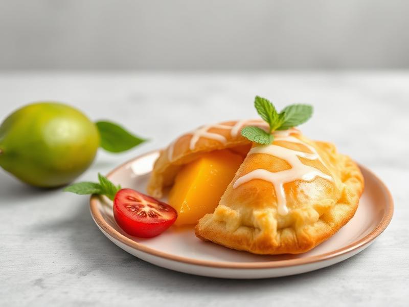 Two peach-filled pastries on a plate with peach slices and a mint garnish, a lime in the background.