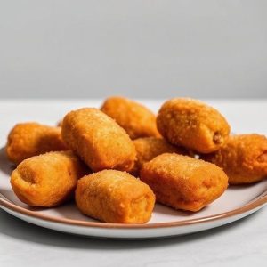 Plate of crispy, golden fried croquettes arranged on a light-colored plate.