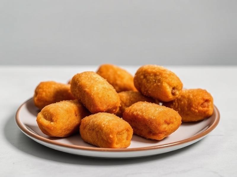 Plate of crispy, golden fried croquettes arranged on a light-colored plate.