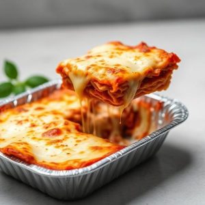 Tray of lasagna with tomato sauce and melted cheese, a slice lifted to reveal gooey cheese stretch.
