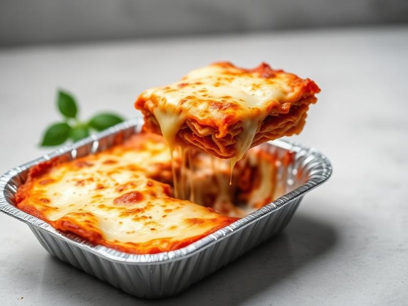 Tray of lasagna with tomato sauce and melted cheese, a slice lifted to reveal gooey cheese stretch.