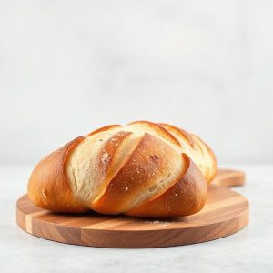 Golden brown braided loaf resting on a round wooden cutting board.