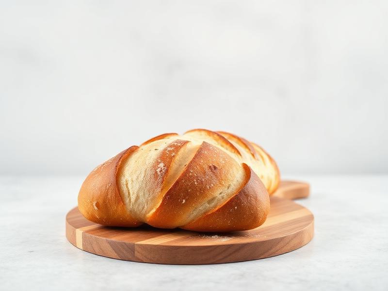 Golden brown braided loaf resting on a round wooden cutting board.