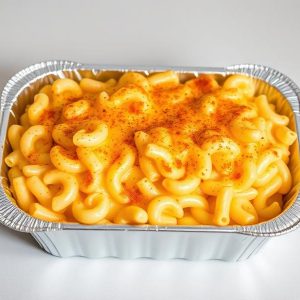 Aluminum tray of creamy macaroni and cheese with a paprika sprinkle on top.