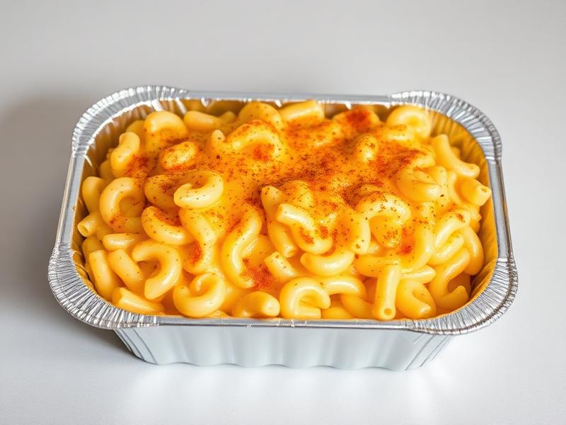 Aluminum tray of creamy macaroni and cheese with a paprika sprinkle on top.