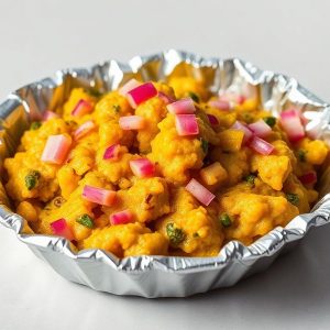 Foil baking cup filled with bright orange mashed vegetables, topped with diced pink onions and green herbs as garnish.
