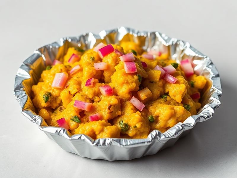 Foil baking cup filled with bright orange mashed vegetables, topped with diced pink onions and green herbs as garnish.