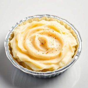 Miniature dessert in a silver foil cup with swirled cream-colored frosting and a light sprinkle of spices on top.