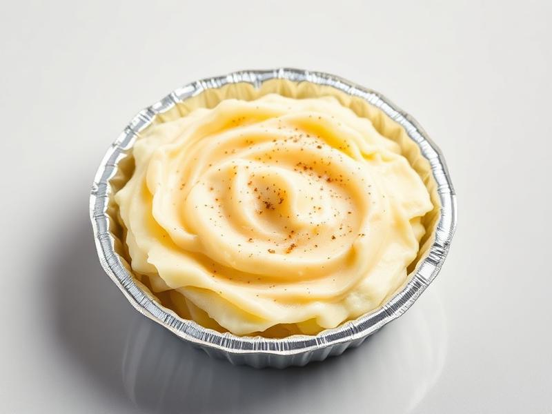 Miniature dessert in a silver foil cup with swirled cream-colored frosting and a light sprinkle of spices on top.