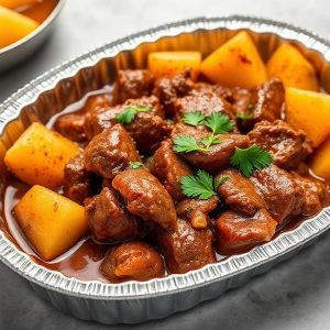 Beef stew in a foil tray with potatoes and parsley garnish on a marble surface.