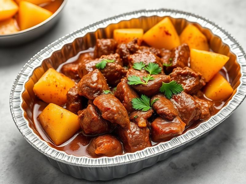 Beef stew in a foil tray with potatoes and parsley garnish on a marble surface.