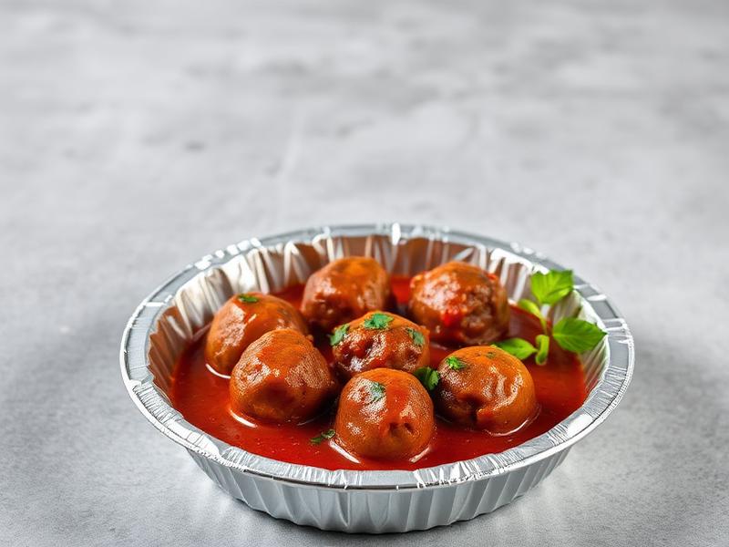 Meatballs in tomato sauce served in a disposable aluminum tray, garnished with parsley.