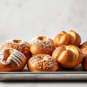 Tray of assorted baked pretzels on a sheet pan, some with white icing drizzle and coarse salt crystals on top, ready to serve