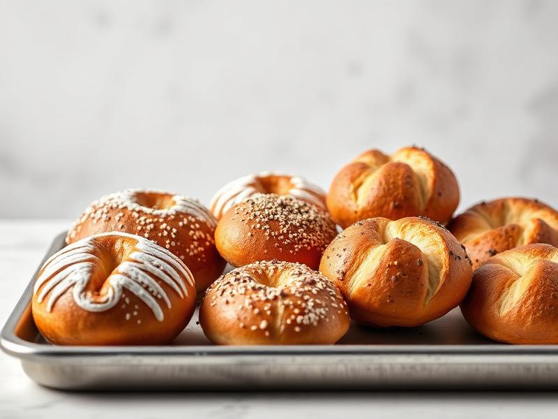 Tray of assorted baked pretzels on a sheet pan, some with white icing drizzle and coarse salt crystals on top, ready to serve