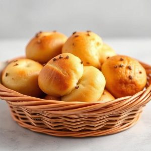 Golden-brown dinner rolls in a woven wicker basket on a light surface, warm and inviting.
