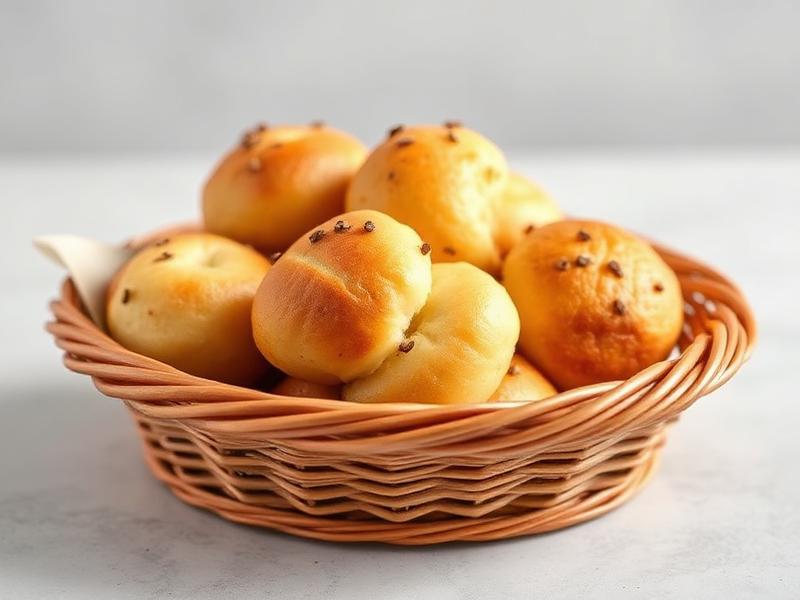 Golden-brown dinner rolls in a woven wicker basket on a light surface, warm and inviting.