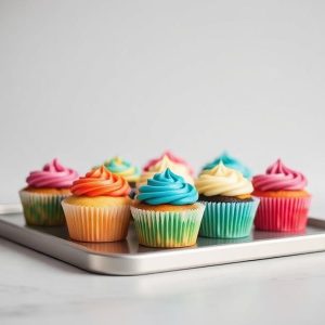 Assorted colorful cupcakes with swirled frosting on a silver tray, arranged in rows.