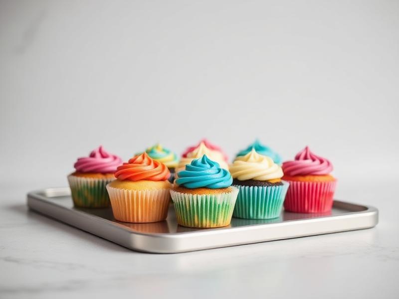 Assorted colorful cupcakes with swirled frosting on a silver tray, arranged in rows.