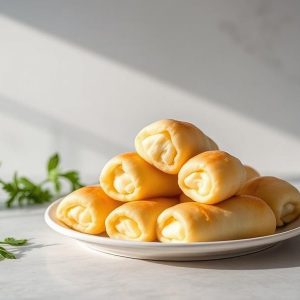 Plate of golden crescent rolls stacked on a white plate with a parsley garnish on a marble surface.