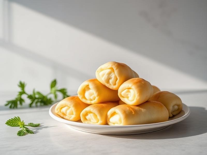 Plate of golden crescent rolls stacked on a white plate with a parsley garnish on a marble surface.