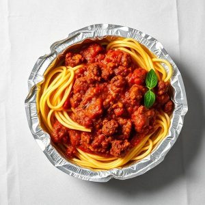Spaghetti with meat sauce in a silver foil takeout container, garnished with a basil leaf