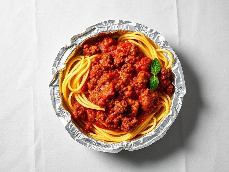 Spaghetti with meat sauce in a silver foil takeout container, garnished with a basil leaf