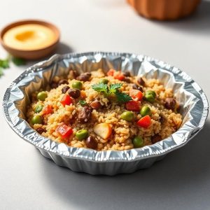 Foil takeout container with vegetable fried rice (peas, corn, carrots, beans) topped with parsley garnish
